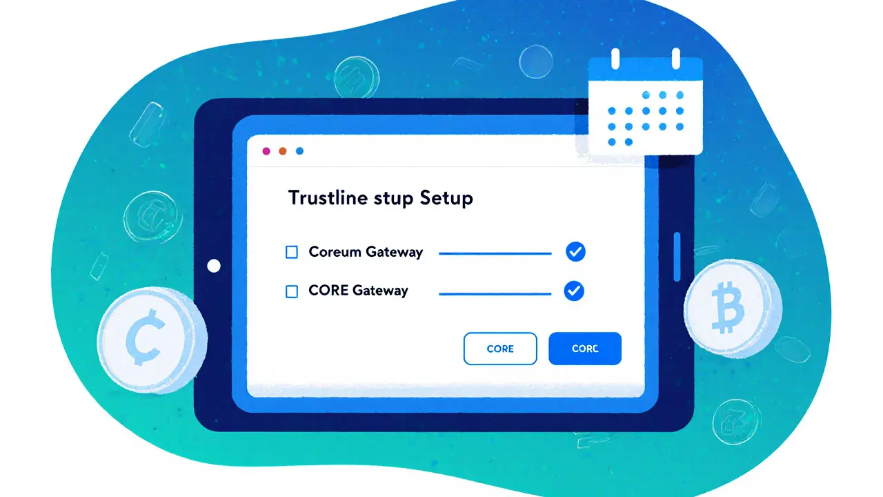 Digital wallet screen showing trustline setup for Coreum tokens, calendar icon, floating CORE tokens.