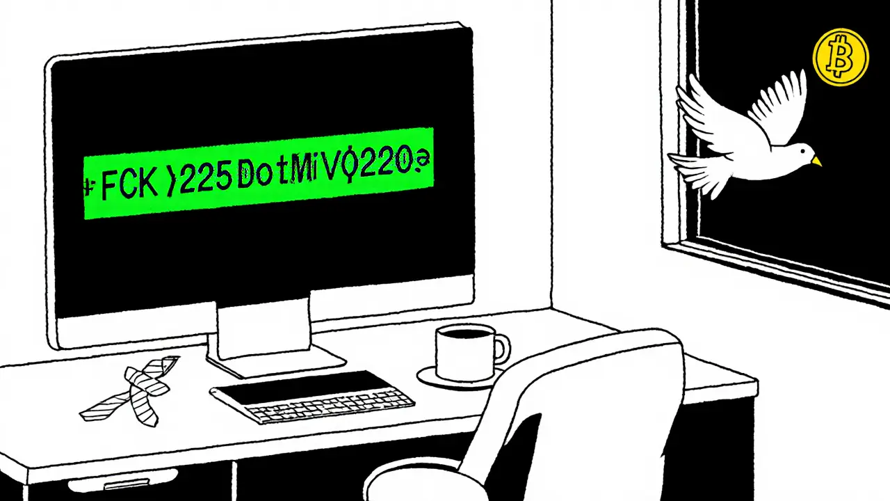 Empty office chair with FCK925 contract address on screen and bird flying out window