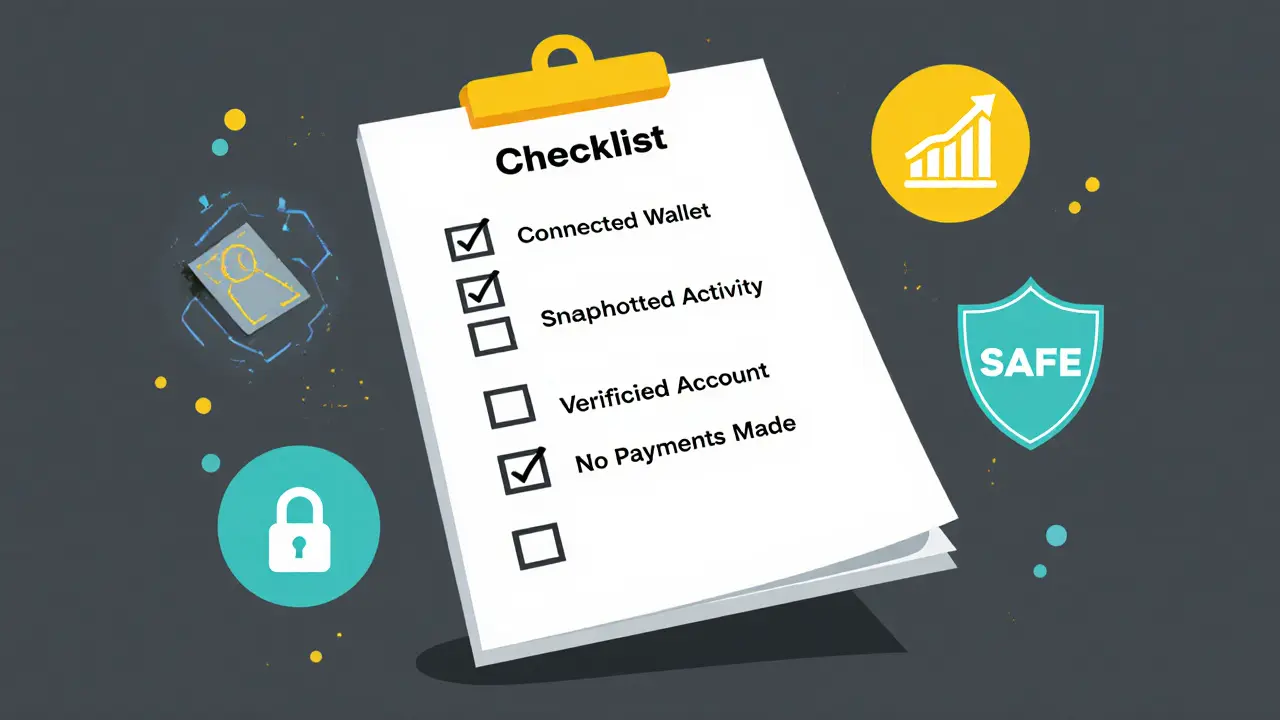 Floating checklist with verified airdrop steps and security icons, clean minimalist illustration emphasizing safe participation.