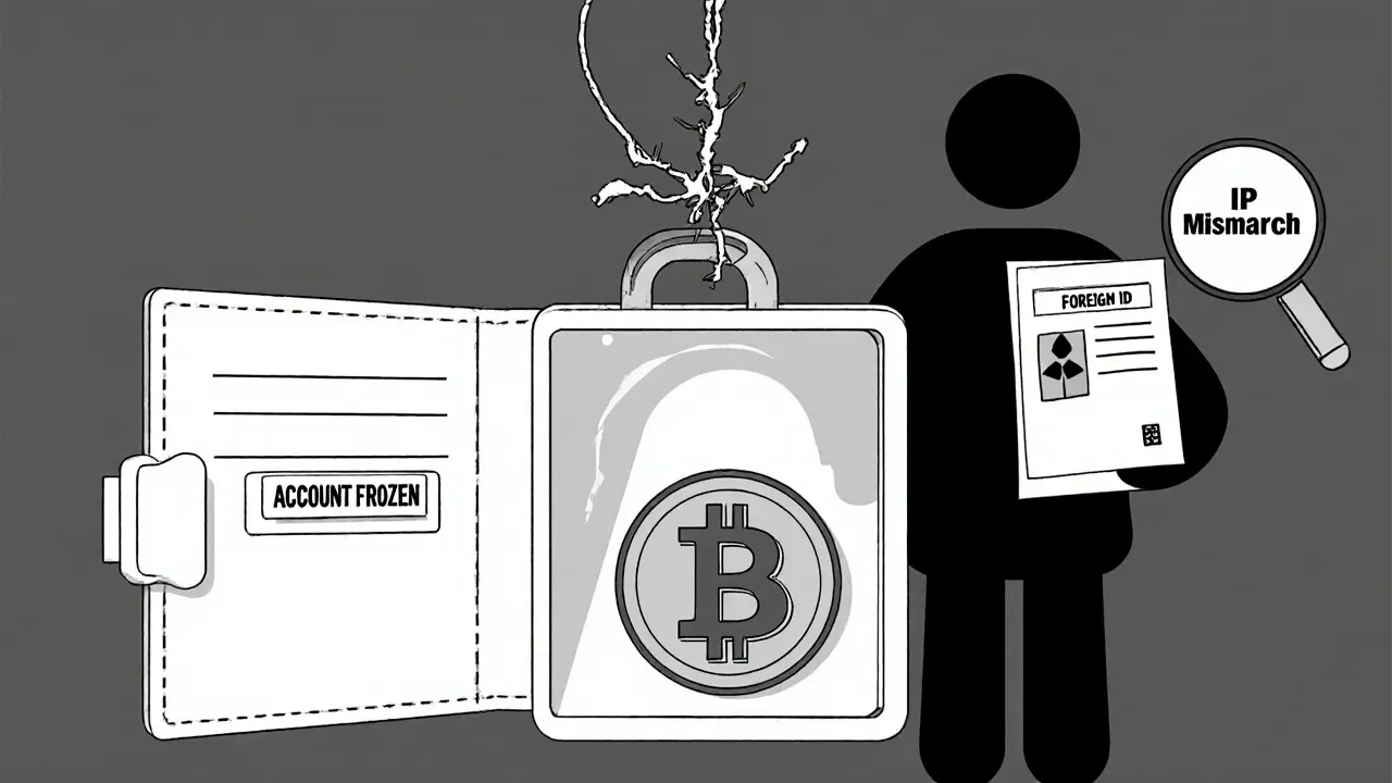 Frozen crypto wallet with broken VPN wire above and &#039;IP Mismatch&#039; magnifying glass in background.