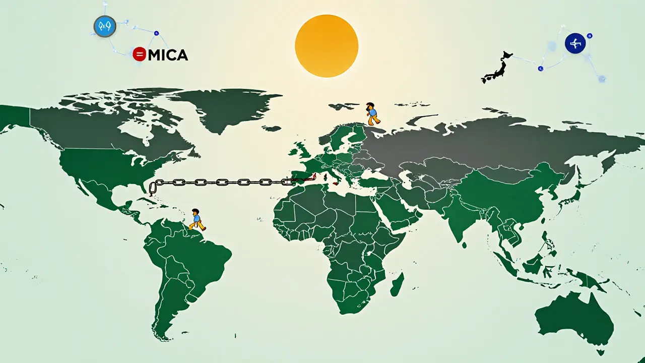 Global map showing crypto-banned countries in gray and regulated ones in green, with light breaking through.