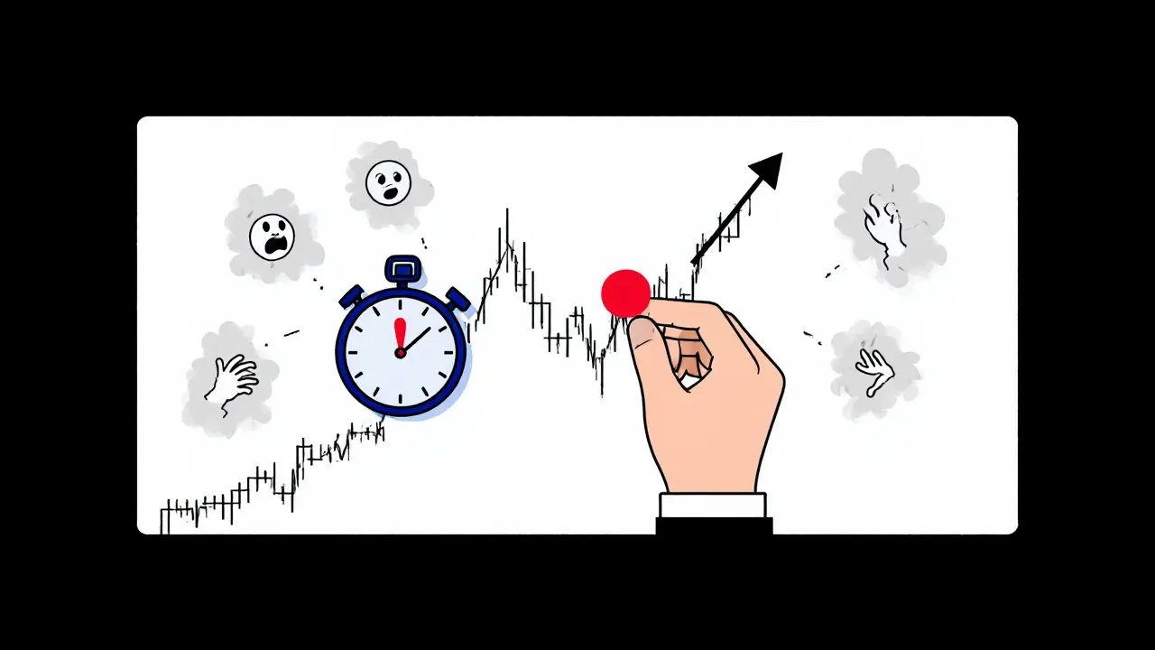 Hand placing a stop-loss with a 90-second stopwatch and fading emotional impulses.