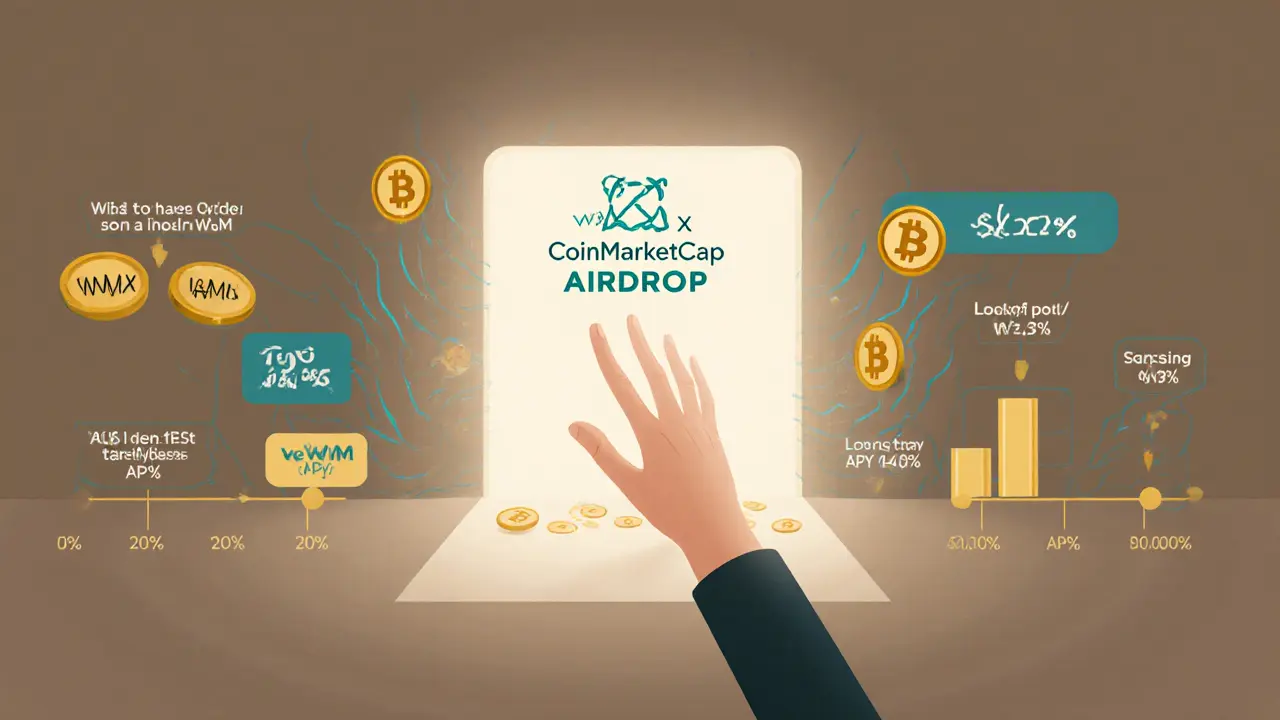 Hand reaching into a portal releasing WMX tokens, with locked WOM transforming into boosted APY indicators in minimalist style.