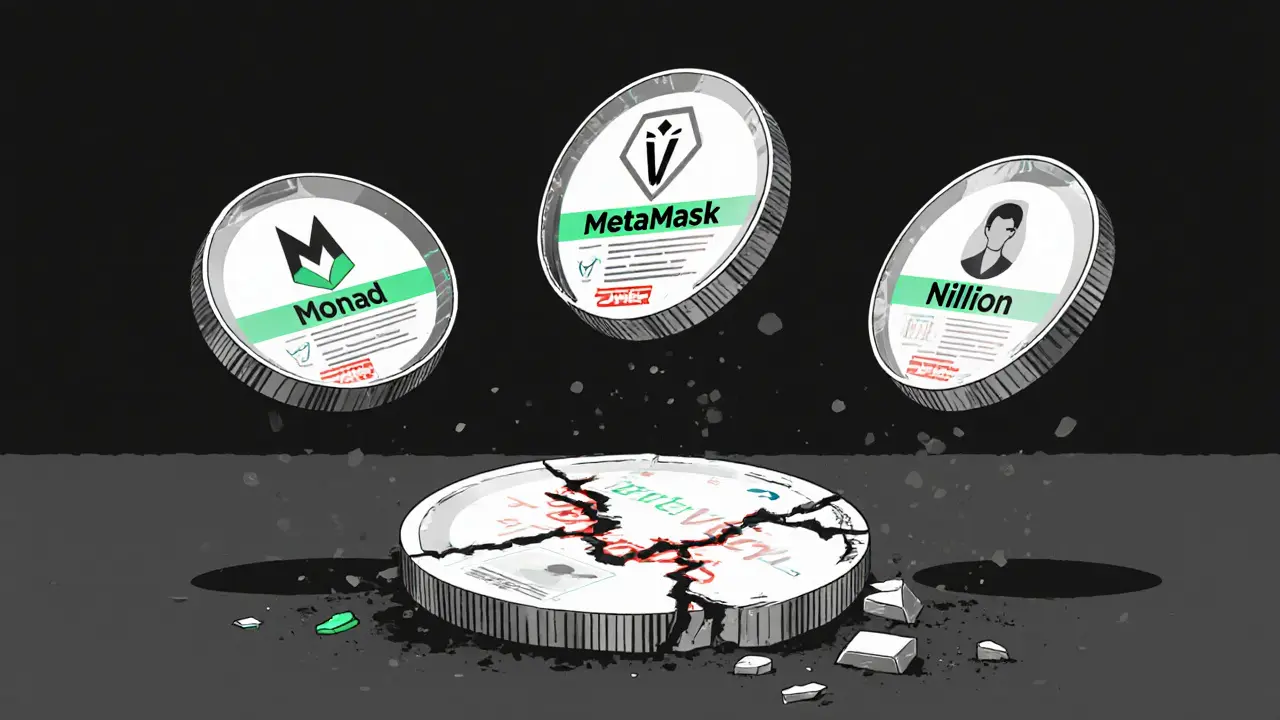 Legitimate crypto tokens rising above crumbling fake airdrop token