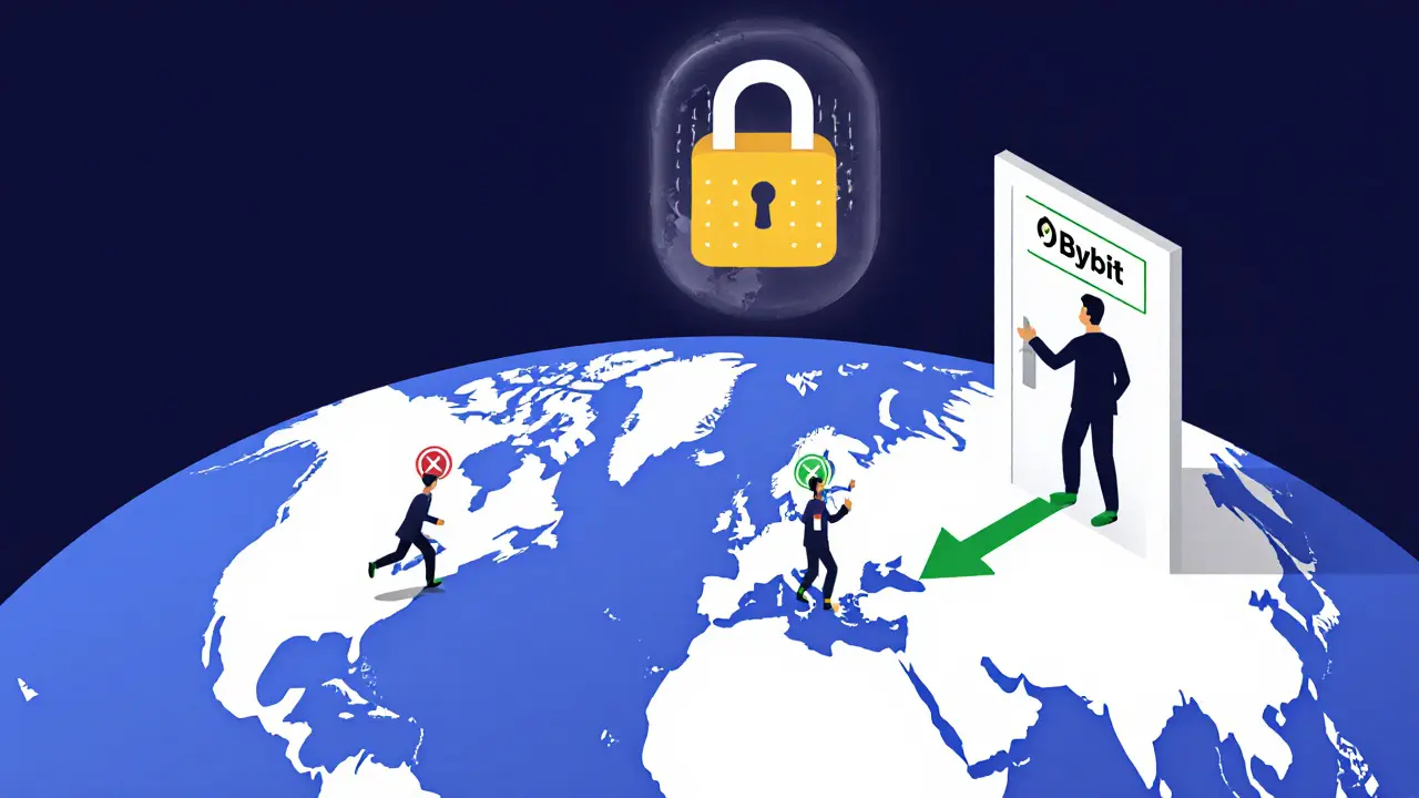 Minimalist globe with restricted countries in gray and a single green VPN path to Bybit access.