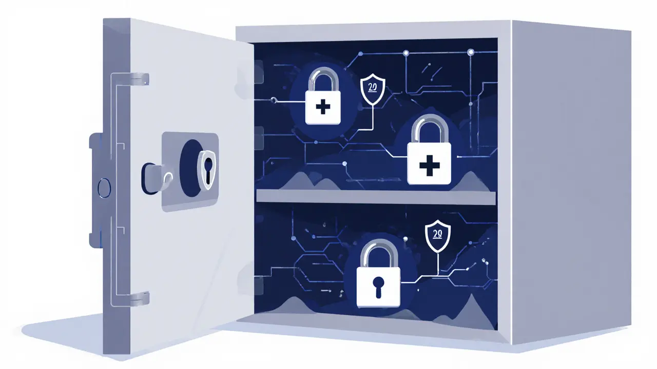Minimalist illustration of a secure cold wallet vault divided across three global locations with multi-signature locks.