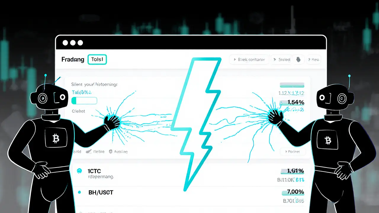Minimalist illustration of two automated trading bots connected by a high-speed data stream with lightning symbols.