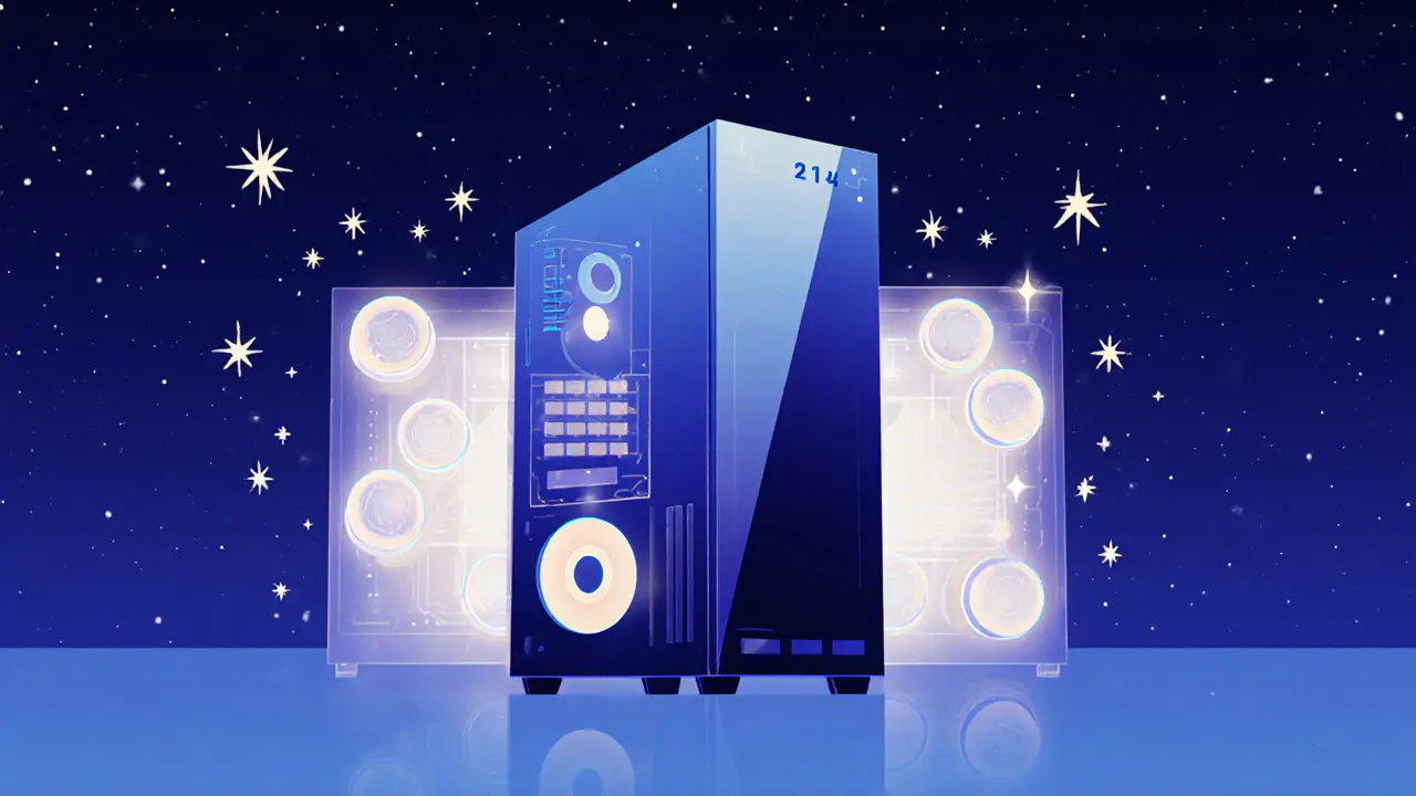 Mining rigs after the 2024 halving, with efficient ones glowing and transaction fees as sparkles.