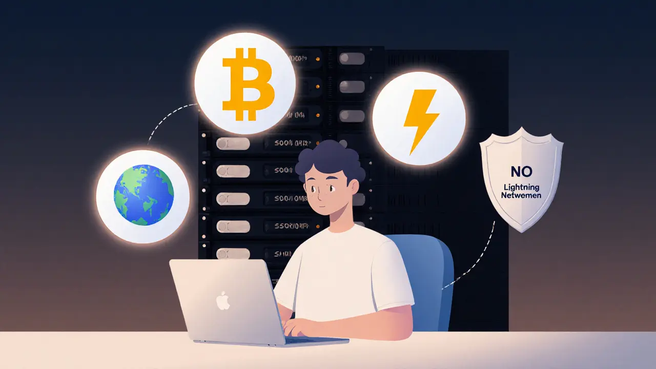 Person using a laptop surrounded by crypto icons and a fading stack of hard drives, symbolizing node operation.