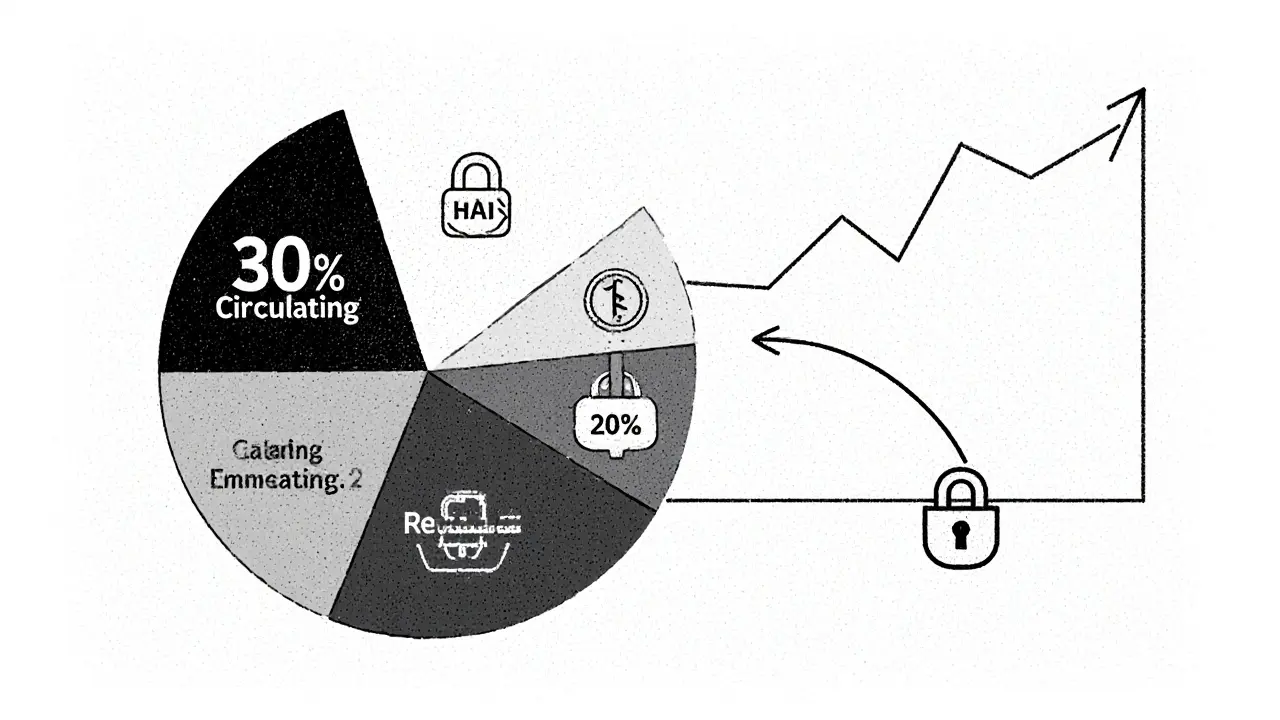 Pie chart showing circulating and locked HAI tokens, with one token unlocking from a locked segment.