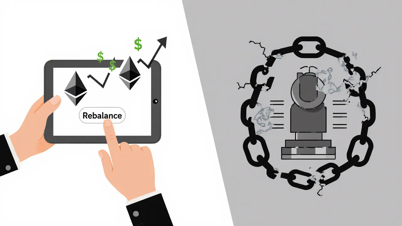 Side-by-side: manual rebalance with gas fees vs. broken oracle chains.