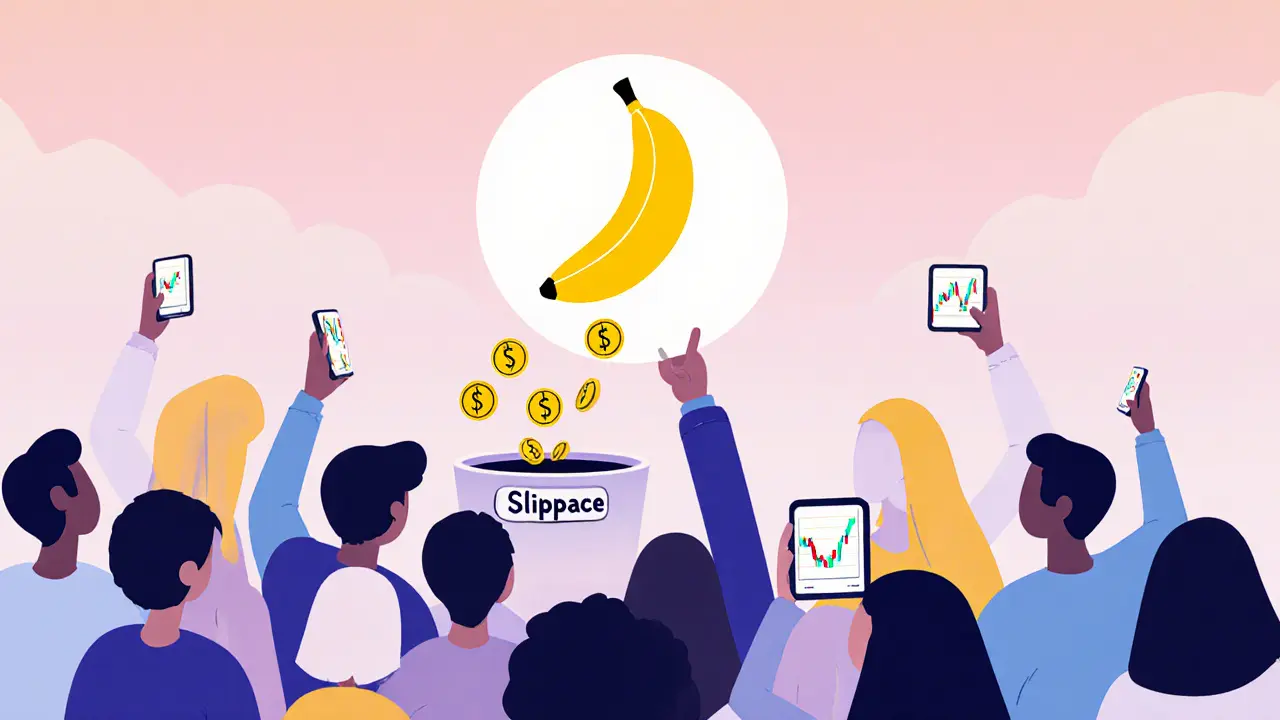 Silhouetted people stare at a glowing banana icon while one throws money into a pit.