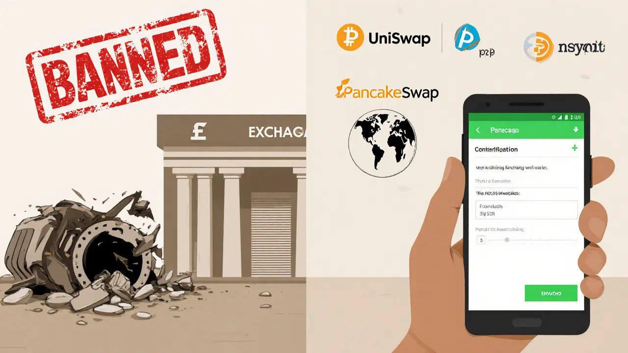Split scene: banned crypto infrastructure vs. person using peer-to-peer crypto app.