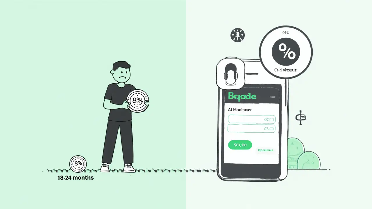 Split-screen: user waiting in line for partial refund vs. secure app interface.