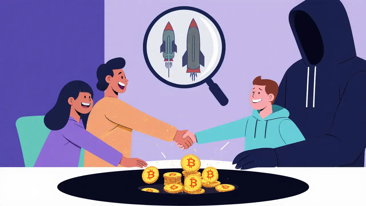 Startup team shaking hands with a shadowy figure as crypto payments turn into missile parts, depicted in clean minimalist illustration.