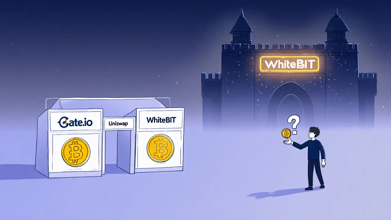 Three crypto exchanges displaying low-priced HAI tokens, with a lone figure contemplating its value.