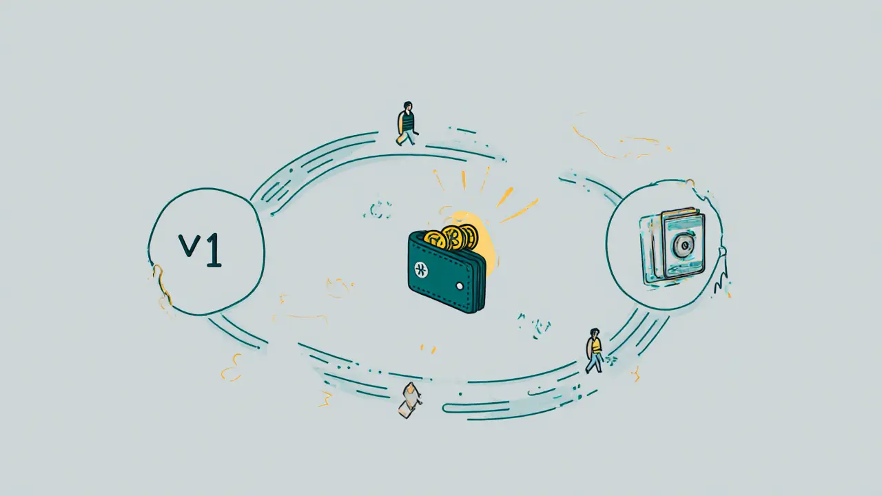 Three game versions connected by flowing NFT cards with a central wallet