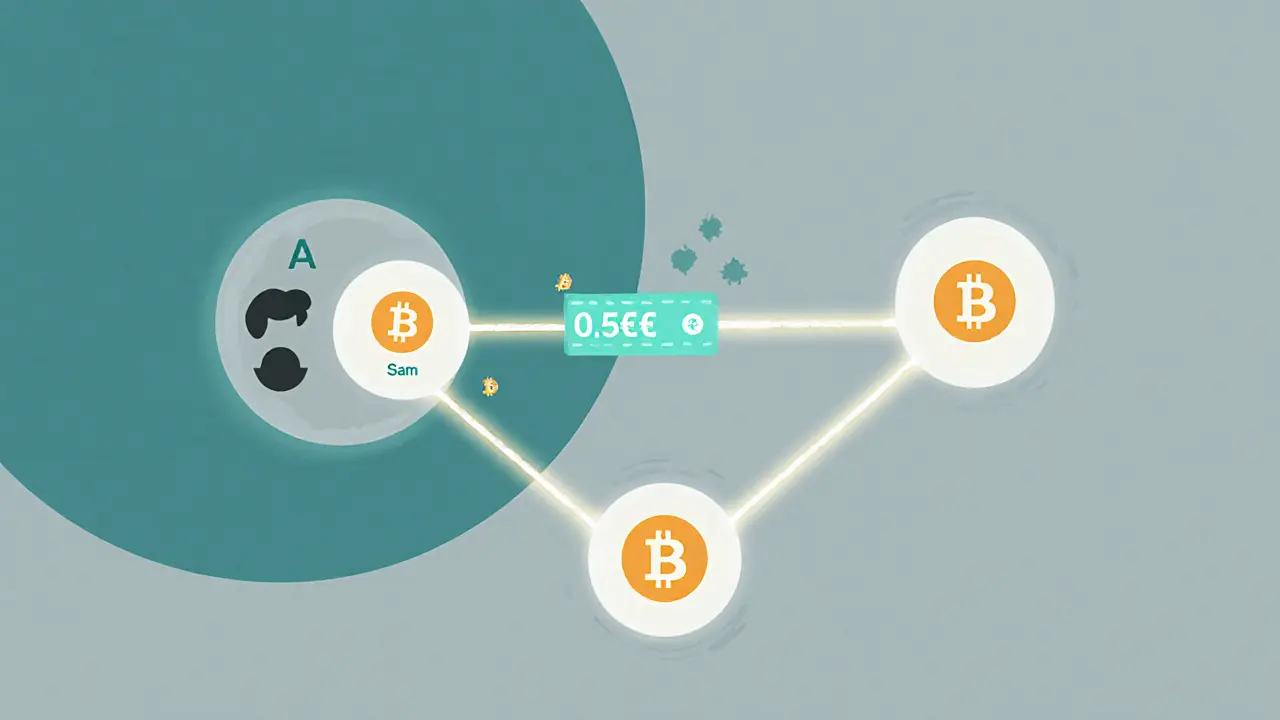 Three nodes connected by glowing paths showing a Bitcoin payment routing through intermediaries.