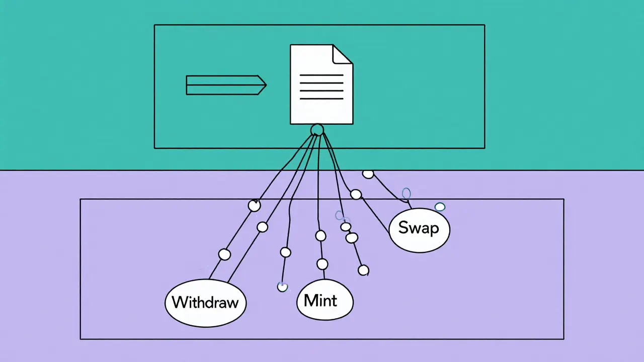 Three-panel minimalist illustration showing transaction flow and emitted events in a smart contract.