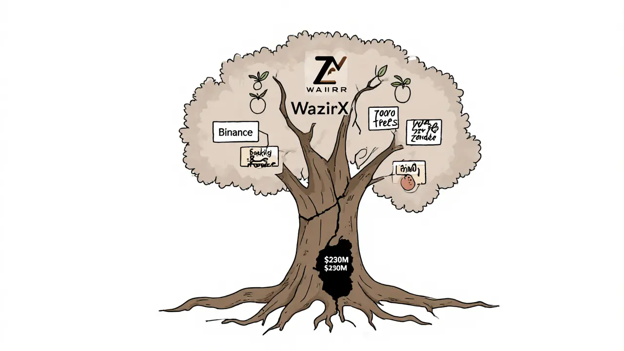 Tree growing from cracked WazirX logo with security and fee benefits as fruits.