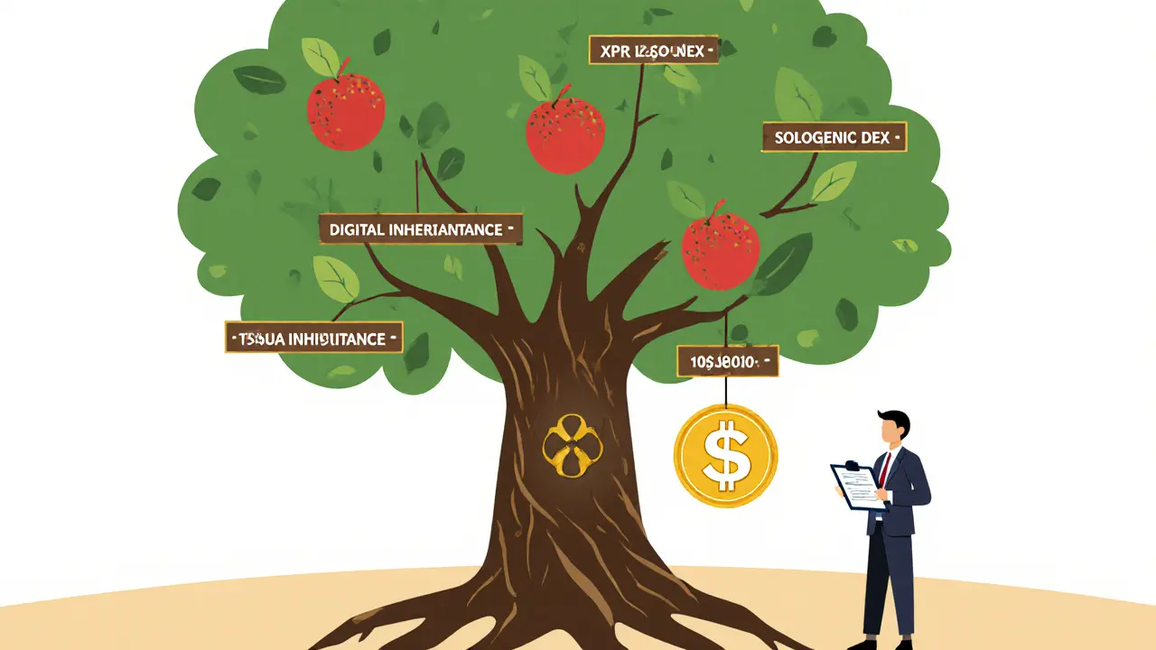 Tree with financial platform fruits rooted in XRP Ledger, SOLO token at center, institutional figure beneath.