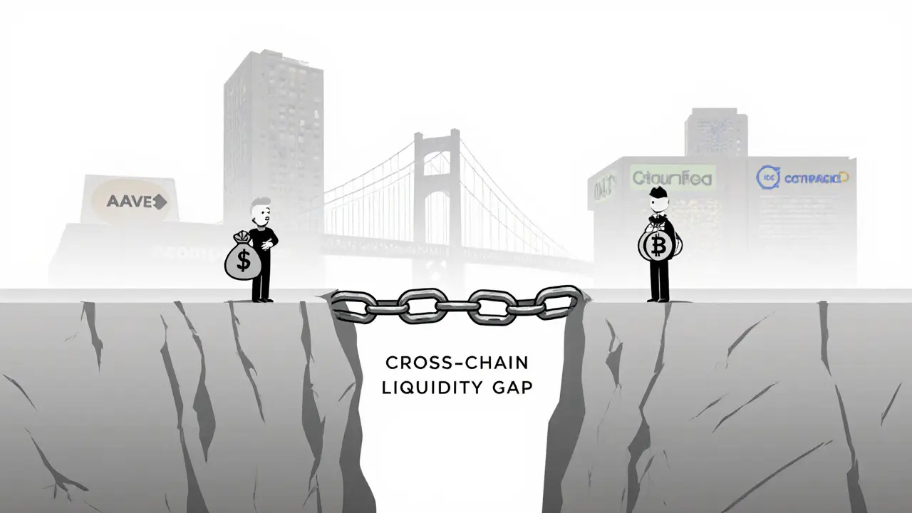 Two figures separated by an empty chasm symbolizing the lack of cross-chain liquidity in DeFi.