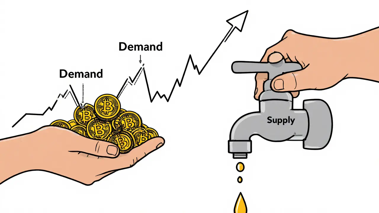 Two hands balancing Bitcoin supply and demand, with a subtle price chart in the background.