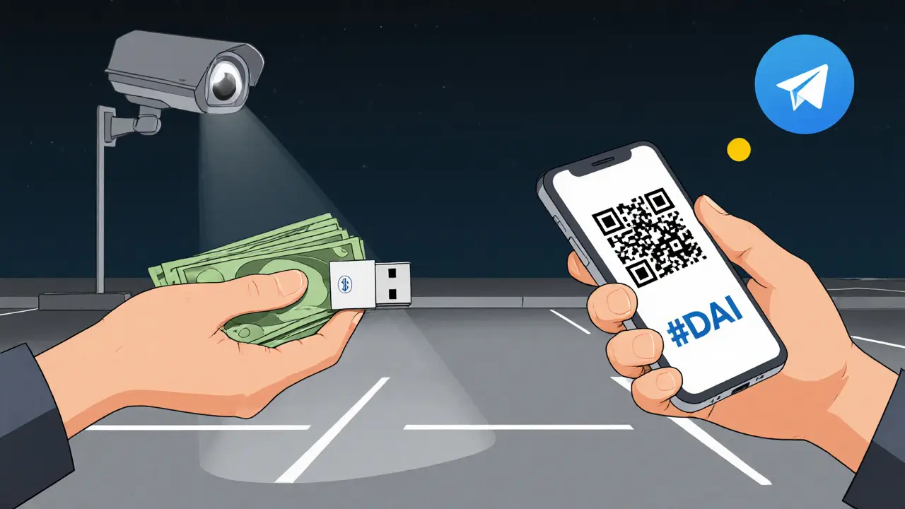 Two hands exchange a USB drive and cash in a parking lot, with a hidden Telegram QR code.