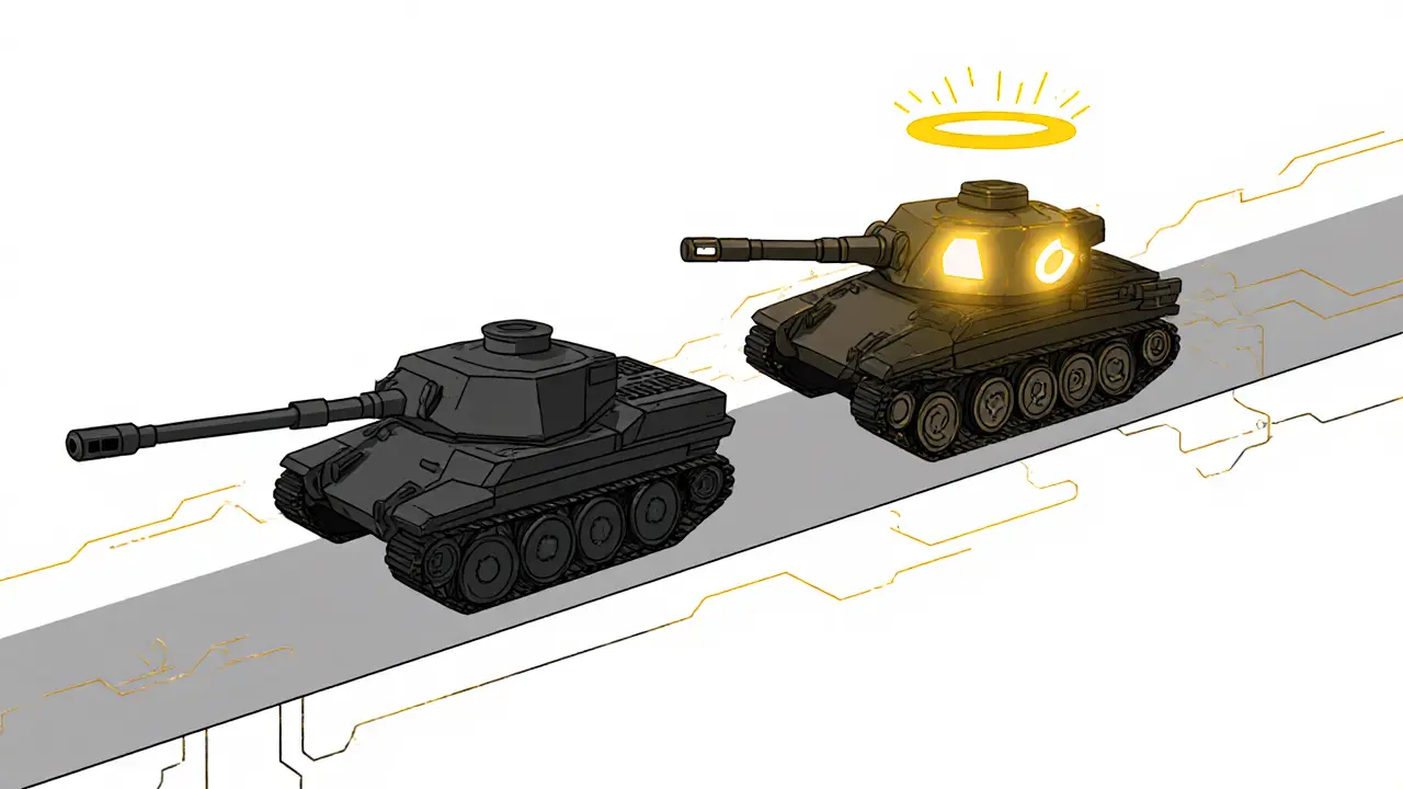 Two stylized NFT tanks side by side: one standard, one glowing golden Origin Tank.