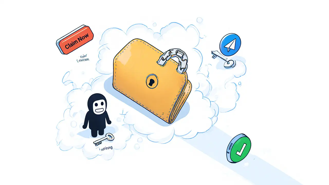 Wallet being threatened by scam elements while safe path glows nearby