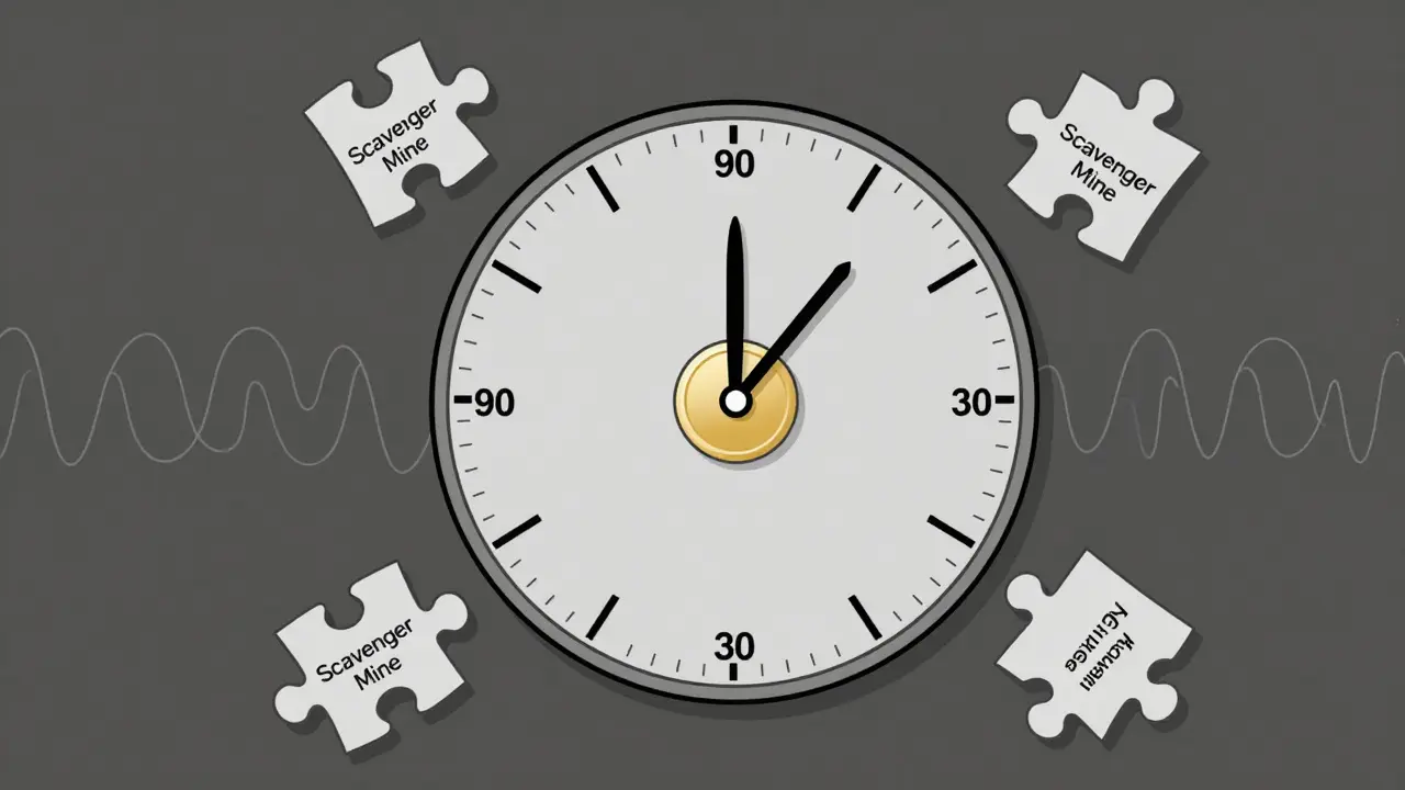 A 360-day vesting clock with puzzle pieces around it, one NIGHT token slowly unlocking at the center.