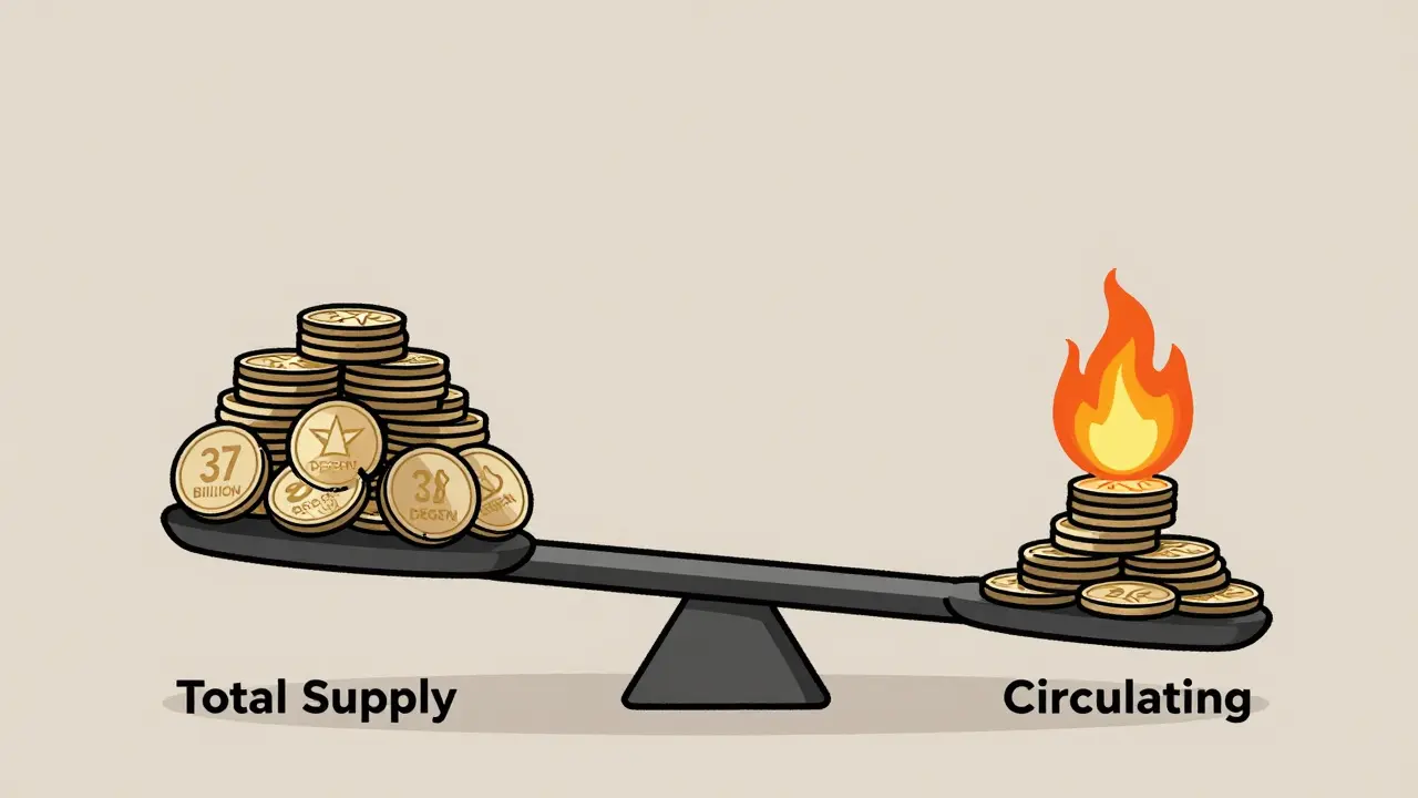 A balanced scale showing total DEGEN supply versus circulating supply, with a flame burning part of the larger pile.