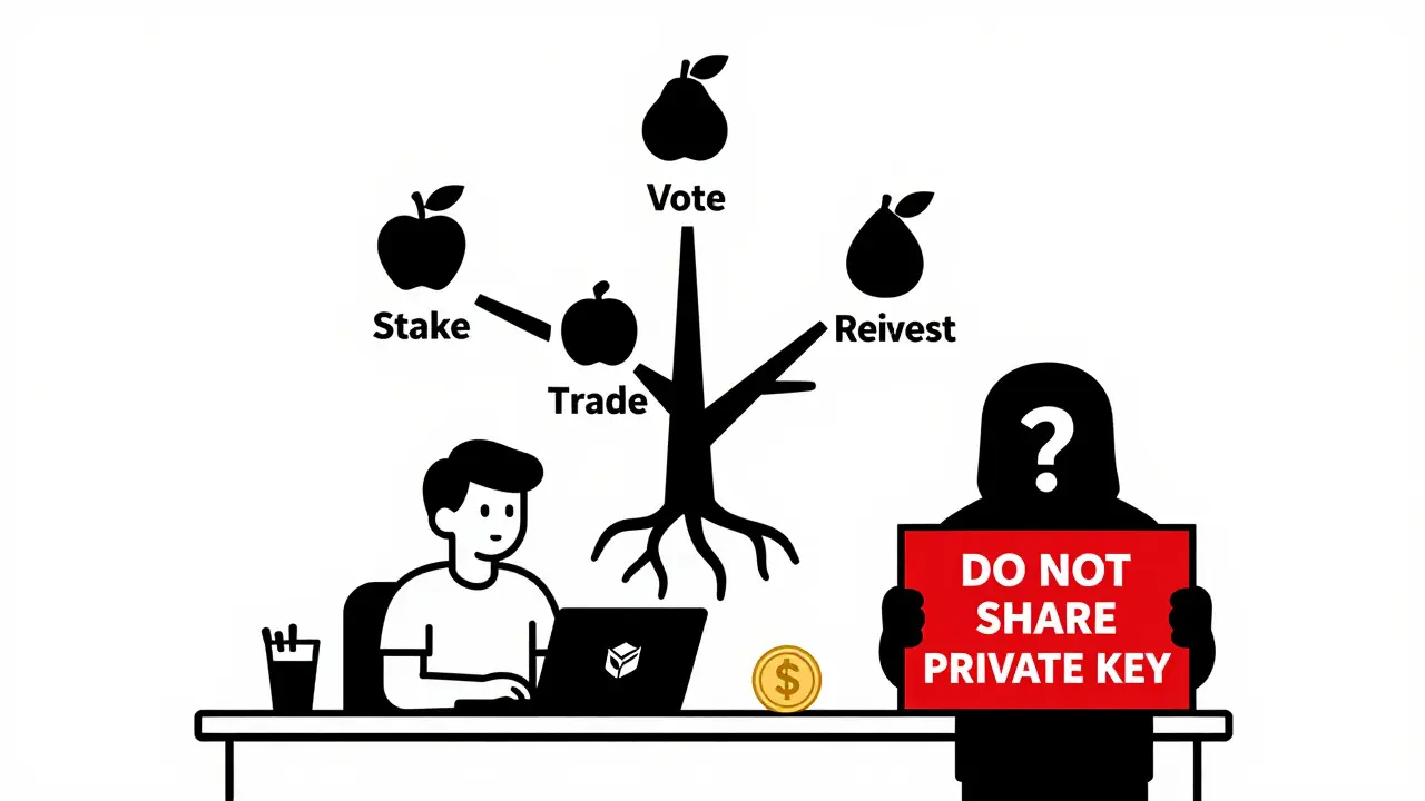 A blockchain-shaped tree with governance fruit, a player at a desk, and a blocked scammer figure.