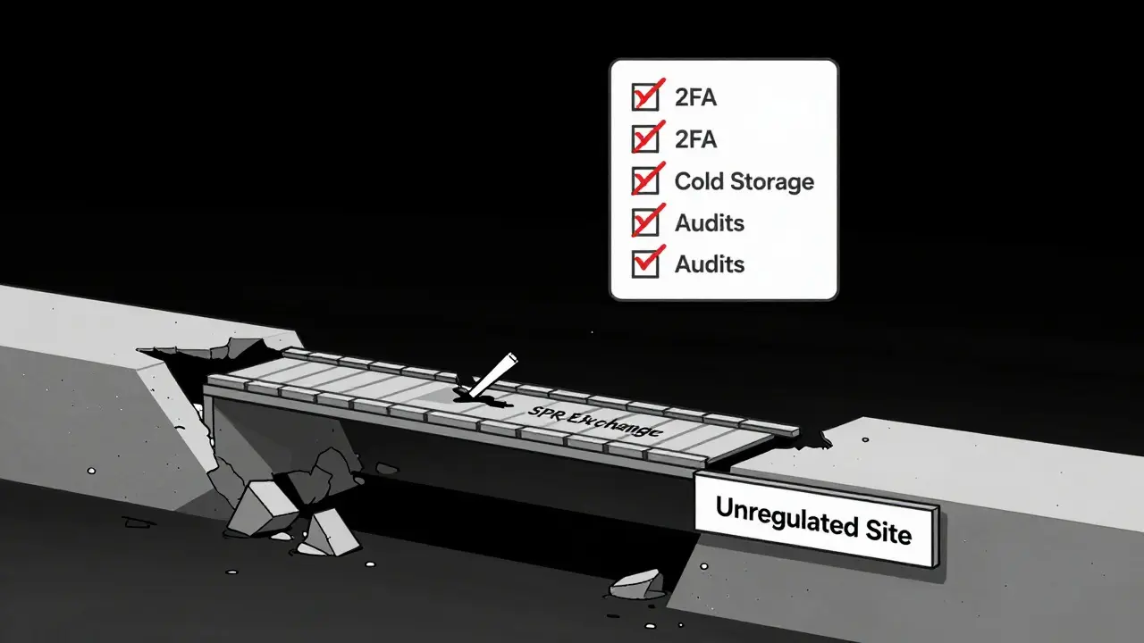 A collapsing bridge labeled 'SPR Exchange' leading to an unregulated platform with security checks crossed out.