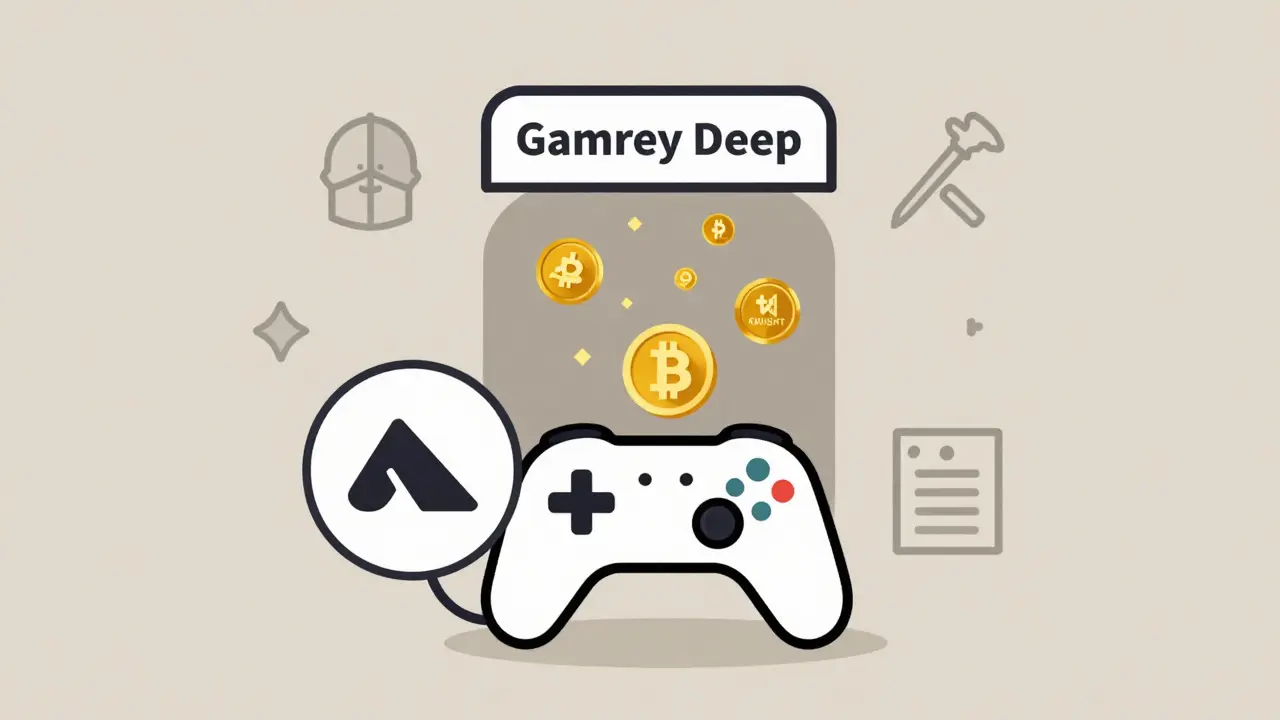 A crypto wallet connected to a game controller as KNIGHT tokens fall from a new game expansion portal.