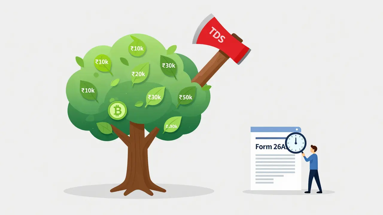 A crypto wallet tree growing to ₹50k before being cut by a TDS axe, with a person checking tax records.