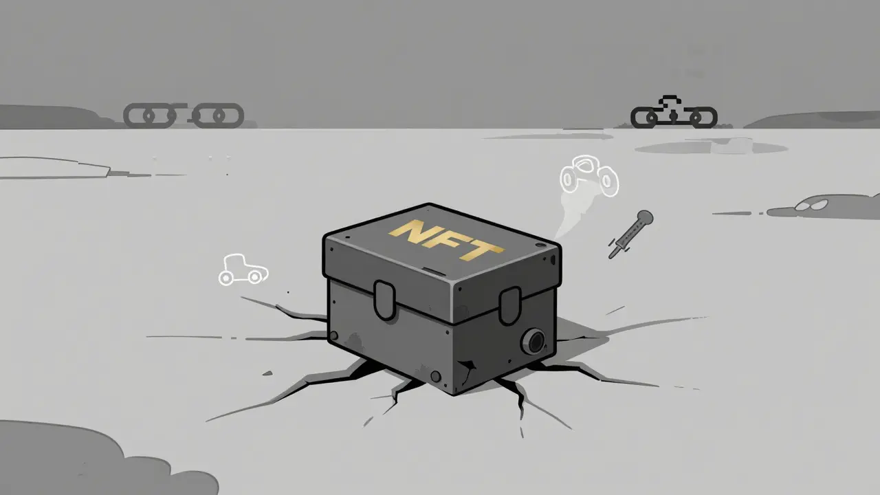 A faded NFT weapon box alone on a digital wasteland, with dissolving ghost elements and a broken blockchain in the distance.