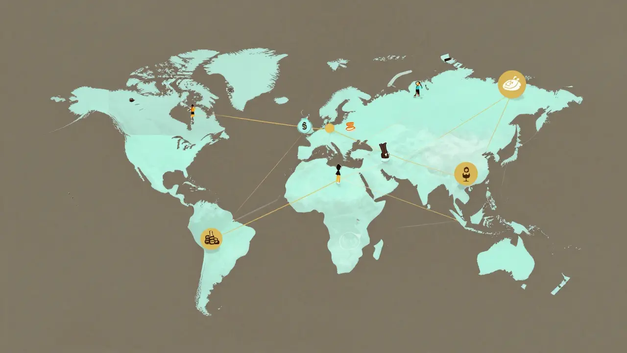 A global map connected by golden threads linking food, money, and art icons, symbolizing Web3 interoperability.