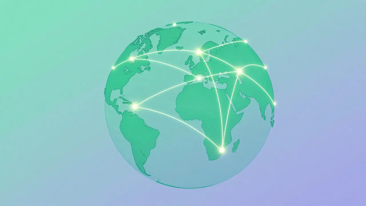 A global map showing WNT hotspot connections between major cities with flowing token streams.