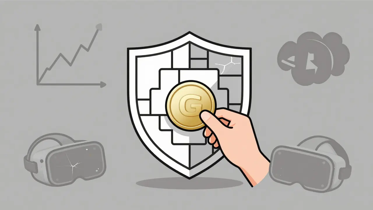 A nonprofit shield with a GENESIS token being placed inside, surrounded by faded crypto icons.