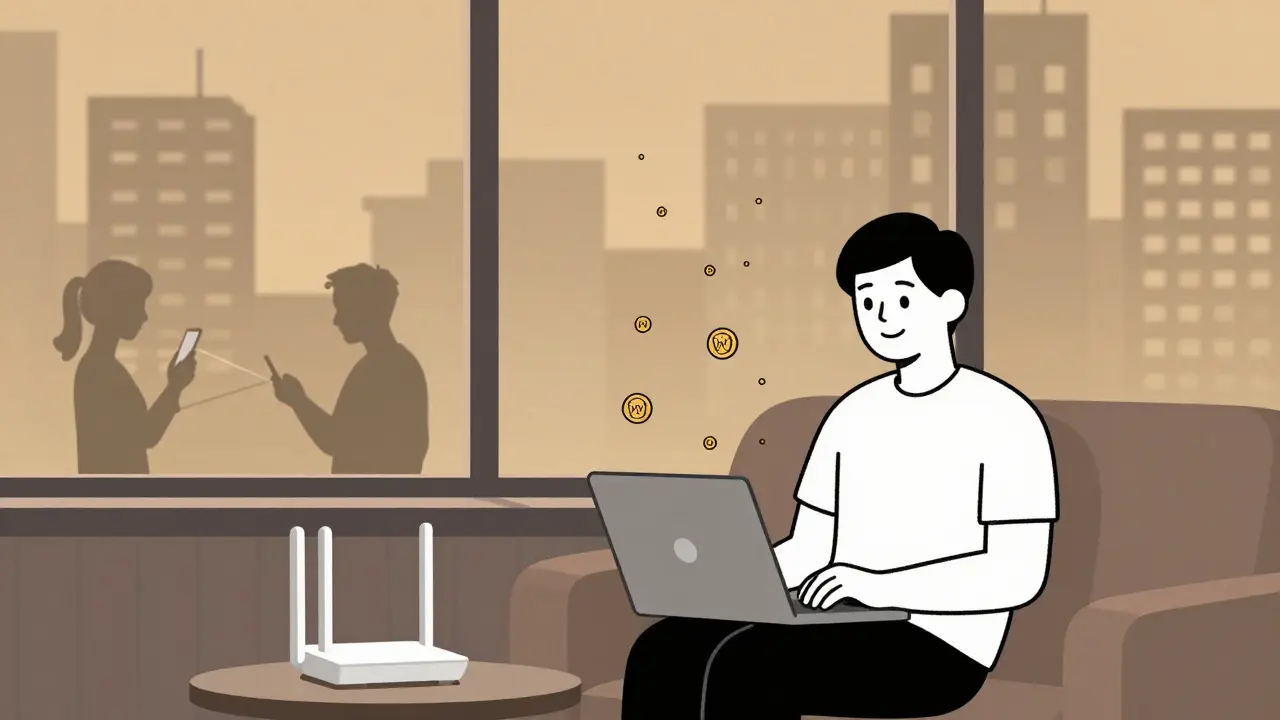 A person earning WNT tokens as others nearby connect to their shared WiFi network.