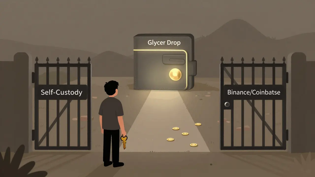 A person with a self-custody key standing before a gate to centralized exchanges, with a glowing Cardano path behind.