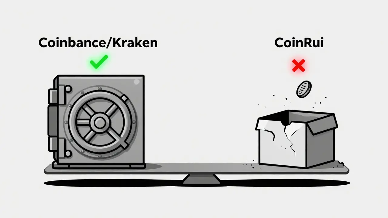 A scale comparing secure exchanges to CoinRui's empty, broken box.