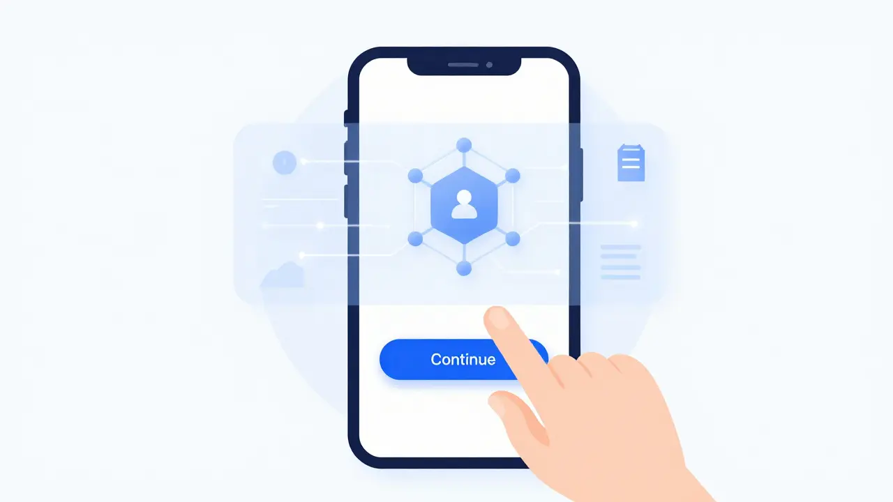 A smartphone with a simple login button, behind it faint blockchain nodes and data streams, showing hidden Web3 technology.