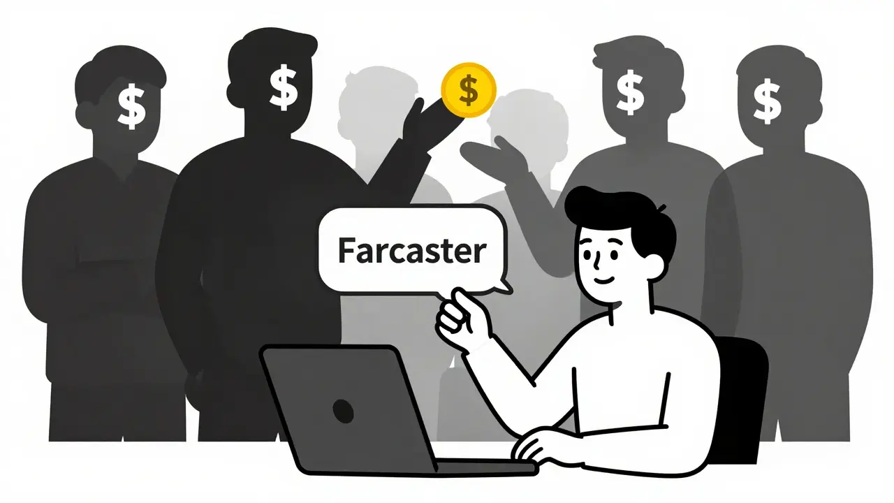 A user sending a DEGEN tip on Farcaster while speculative traders reach for it in the background, rendered in minimalist style.