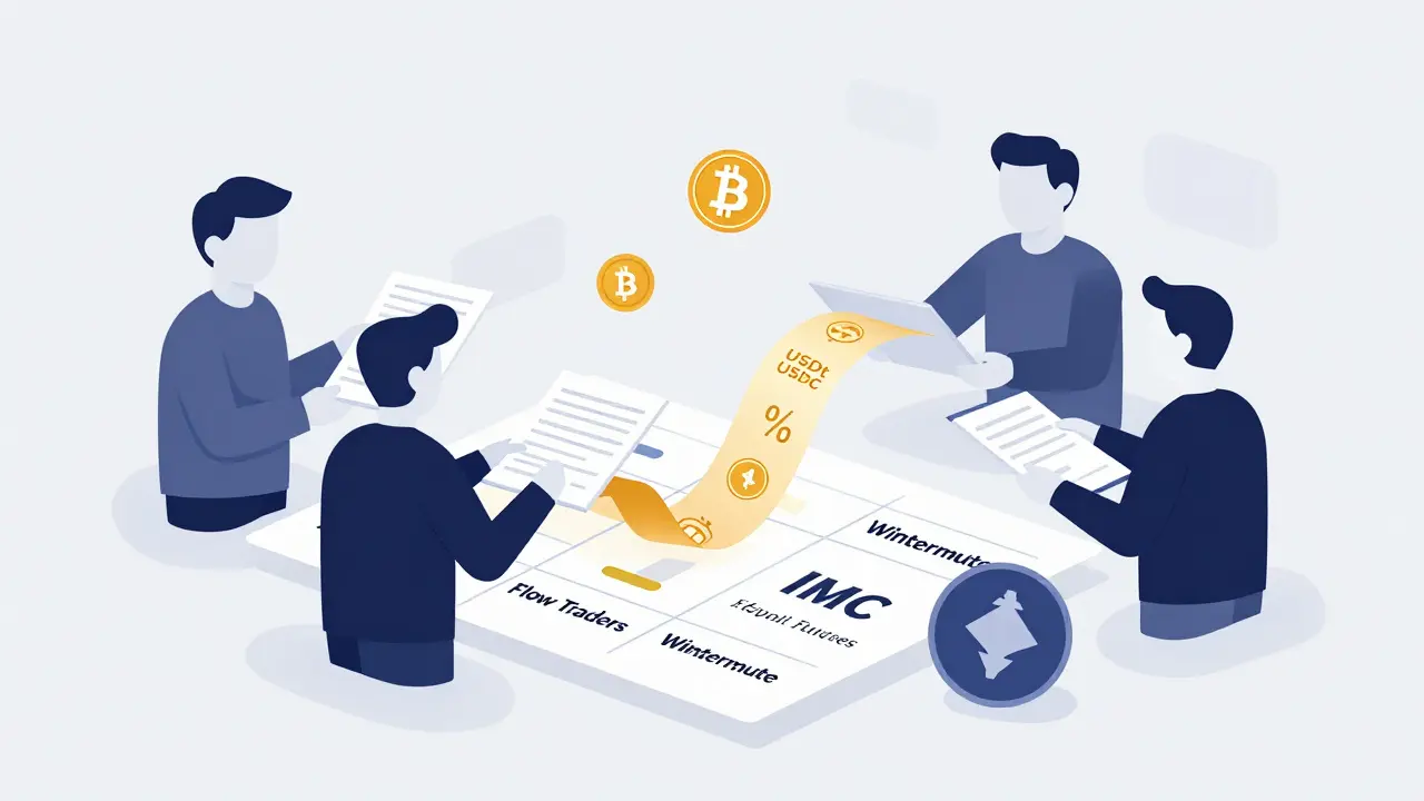 Abstract figures of institutional market makers exchanging digital crypto futures contracts with stablecoin flows.