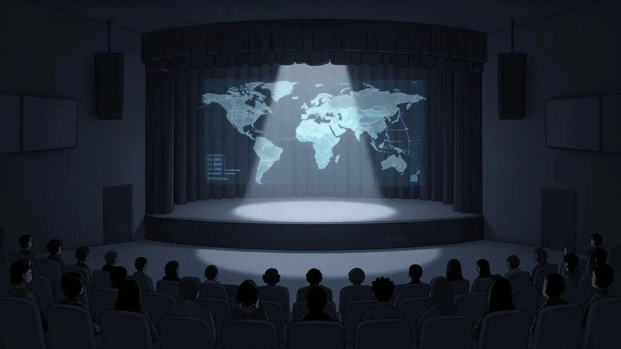 An empty theater with a projected metaverse map and 2,230 silent silhouettes in the dark.