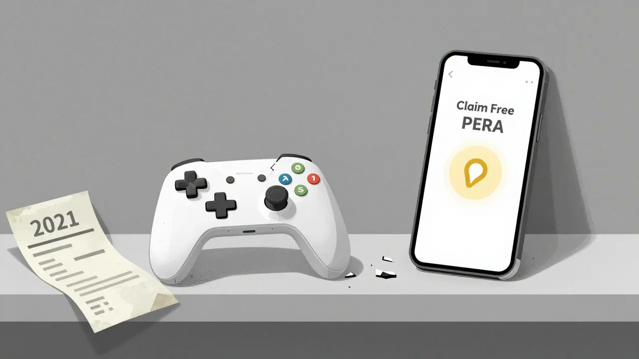 Broken game controller and old receipt on a shelf with a fake claim pop-up, representing Pera Finance&#039;s dormancy.