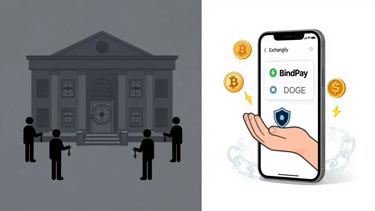 Contrasting centralized exchange vs Exchangily: one with locked vaults, the other with user holding private key and sending crypto via BindPay.