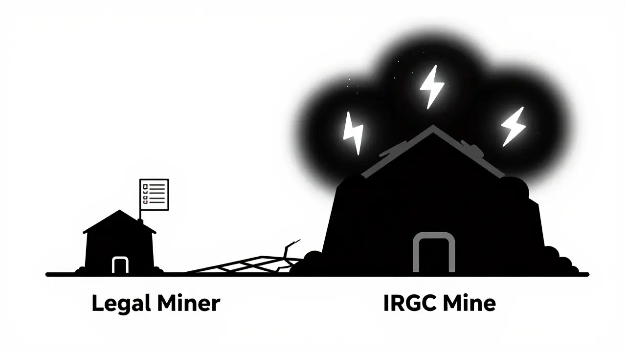 Contrasting legal and state-backed mining operations sharing the same overloaded power grid.